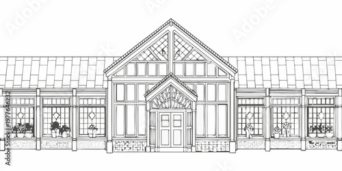 Detailed line drawing of a classic gable roofed building facade