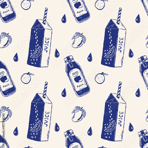 Seamless juice carton pattern with fruit packaging and beverage elements