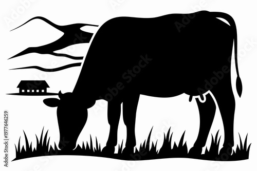 Silhouette of a cow grazing in a field with a small house