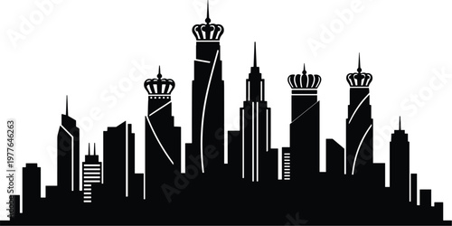 Majestic crowned skyscraper skyline silhouette symbolizing urban royalty, prestige, and modern architectural power in a stylized artistic cityscape illustration.
