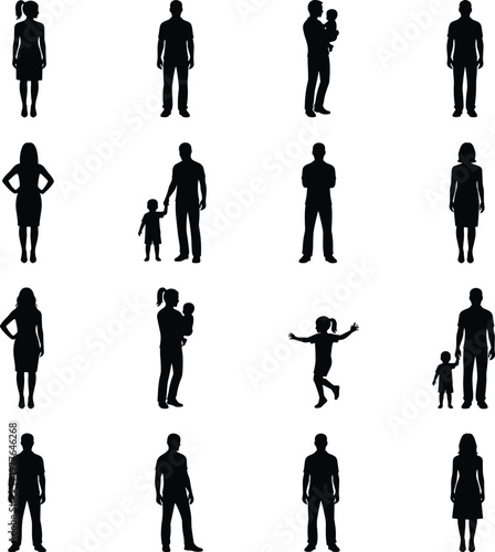 Family silhouette collection featuring adults and children in diverse poses, highlighting relationships, interactions, and human connection.
