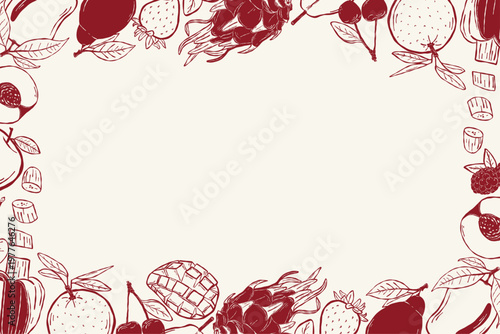 Hand drawn fruit frame with mixed tropical elements decorative border