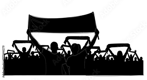 Crowd Silhouette with Banner and Scarves
