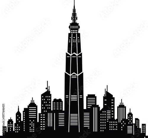 Towering central skyscraper silhouette with spire, surrounded by diverse high‑rise buildings, symbolizing modern metropolitan scale and density.