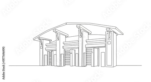 Architectural Sketch of Modern Wooden House with Gable Roof and Balconies