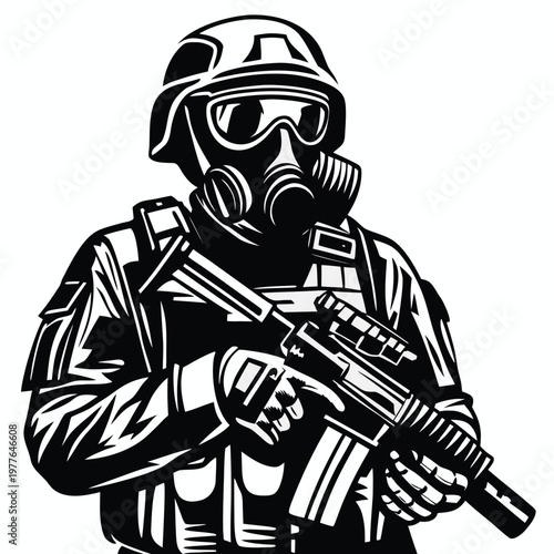 Soldier wearing tactical military uniform and gas mask holding an assault rifle weapon