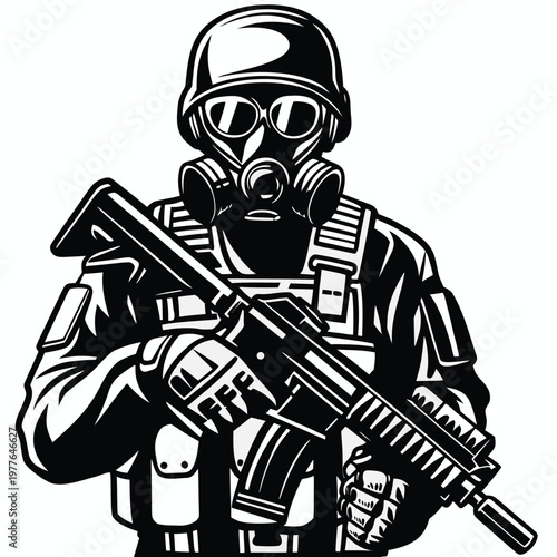 Vigilant soldier wearing military helmet and gas mask holding a powerful assault weapon