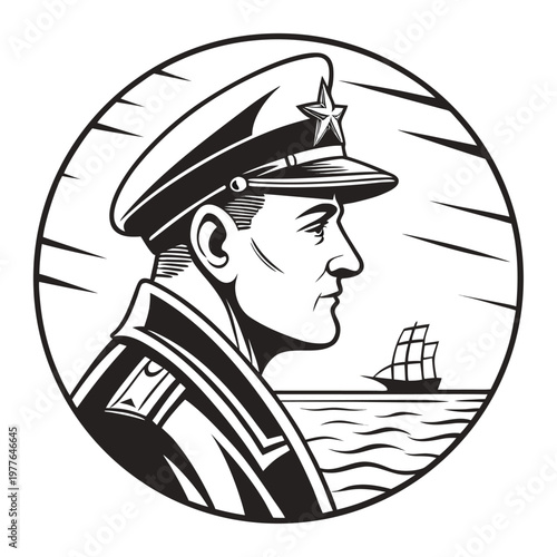Vintage style portrait of a maritime officer gazing at a classic sailing ship on the ocean