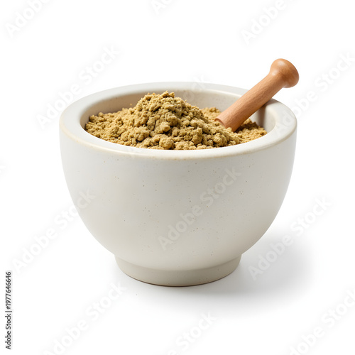 Ceramic mortar with herbal powder on white background, natural healing