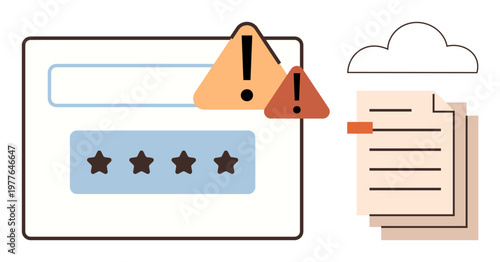 Cybersecurity, online reviews, warning alerts, cloud storage, data privacy, document management. Warning symbols with rating stars, paper documents cloud storage. Cybersecurity and online reviews