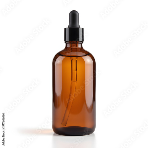 Elegant amber essential oil bottle on white background, natural wellness