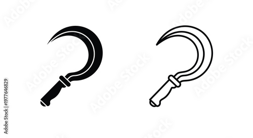 Two depictions of a sickle one solid and one outlined silhouette