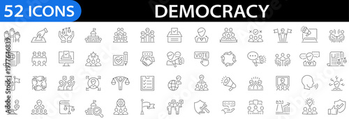 Democracy icon set. Politics. Election. Voting. Law. Justice. Government. Editable stroke. Vector illustration