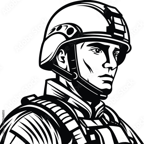 a black and white illustration of a soldier in pro (1)