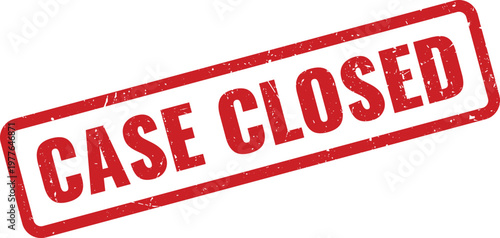 A red grunge rubber stamp featuring the words case closed on a simple rectangular frame