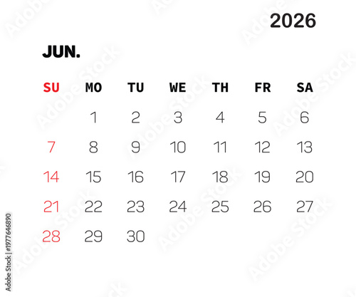 Minimal June 2026 Calendar Vector, Clean UI Monthly Planner, Simple Modern Calendar Design