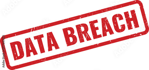 Red grunge stamp design featuring the bold text data breach inside a rectangular frame boundary