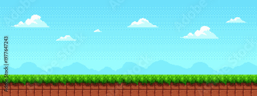 Pixel art landscape with blue sky and green grass. Retro 8-bit game background with clouds and mountains. Y2k digital environment for classic platformer video game level design interface.