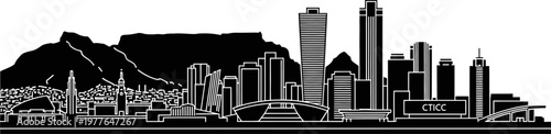 Minimalist black and white vector skyline of Cape Town, featuring Table Mountain, modern buildings, flat silhouette style, clean lines, high contrast white background