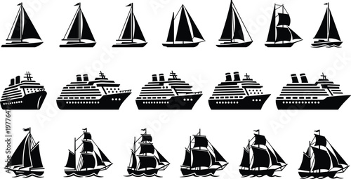 Ship silhouette illustration, sailboat design, cruise liner artwork, tall ship graphic, maritime vessel icon, nautical sketch, ocean travel symbol, vintage boat