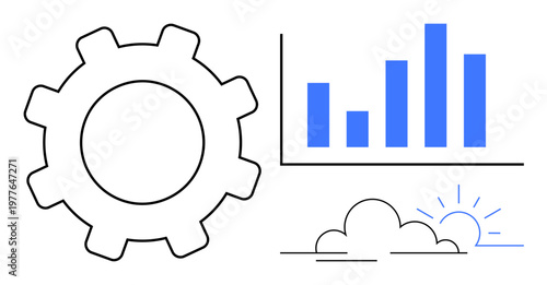 Technology, process improvement, workflow, data analytics, progress, growth. Gear, bar chart and sunrise visual. Technology and process improvement concepts