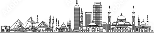 Minimalist black and white vector skyline of Cairo, featuring pyramids, mosques, skyline silhouette, clean vector lines, flat design, white background 