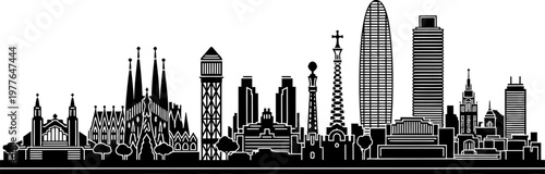 Minimalist black and white vector skyline of Barcelona, featuring Sagrada Familia, unique architecture, flat silhouette style, clean lines, high contrast, isolated on white background