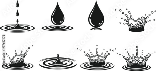 Water droplet silhouette illustration, splash crown design, ripple effect artwork, fluid motion graphic, black and white icon, abstract liquid sketch