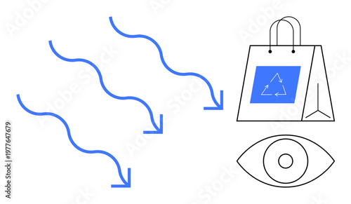 Sustainability, recycling awareness, consumer behavior, waste reduction, eco-friendly practices, green shopping. Blue arrows, shopping bag with recycling symbol and eye. Recycling awareness