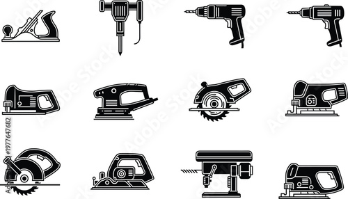 Woodworking tool silhouette illustration, carpentry equipment design, power tool artwork, construction graphic, DIY icon, black and white sketch, workshop symbol