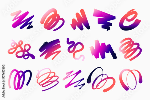 Collection of abstract gradient brush strokes and scribble elements in vibrant colors. Set of hand-drawn shapes, dynamic lines, and artistic forms. Ideal for branding, poster, social media graphics.