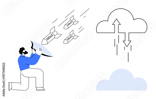 DDoS attack concept. Visual of a DDoS attack with missile-thumbs up threats aimed at cloud systems. Highlights cybersecurity measures and protection strategies. For IT, cloud computing security