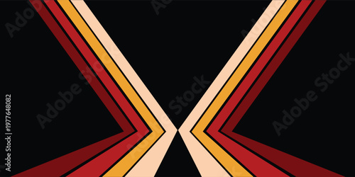retro geometric symmetrical stripe v shape converging line pattern banner in red yellow cream on black for vintage poster music album sports apparel streetwear and graphic design