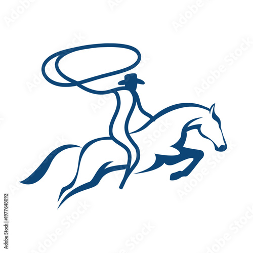A blue silhouette of a cowboy on a horse with a lasso