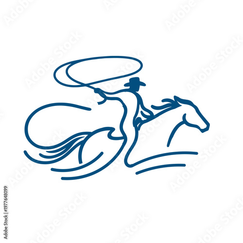 A blue line drawing of a cowboy lassoing on horseback