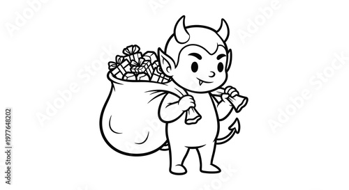 A small devil carries a large sack of gifts a playful silhouette