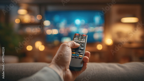 Hand holding TV remote control at home with blurred living room background