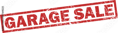 Red and white striped garage sale banner with bold text on white background