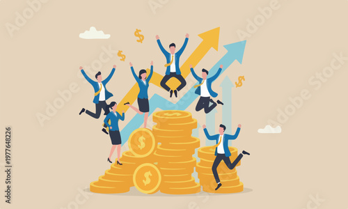 Pay raise salary profit earning rising up, career development or wealth management concept, happy businessman jumping on rising money coin stack