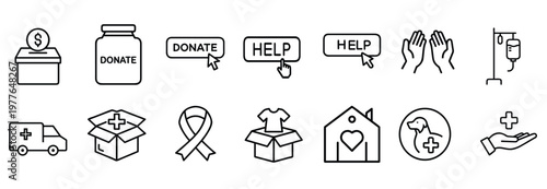 Charity and social issues line icons set featuring donation box money jar help button with ambulance medical kit pet care more vector illustration with editable stroke.