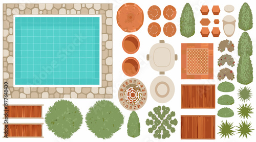 Aerial view of a backyard patio with pool plants and furniture