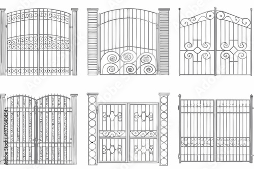 Collection of ornate wrought iron gate designs in black and white