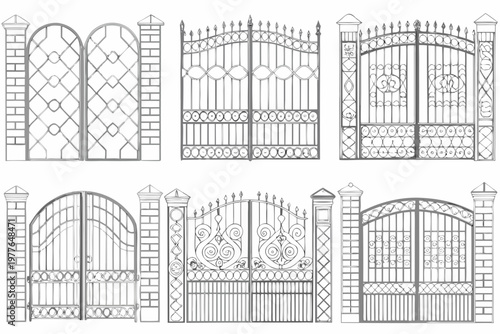 Detailed illustrations of ornate wrought iron gates in various designs