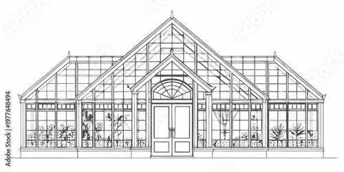 Detailed line drawing of a classic victorian glass greenhouse structure