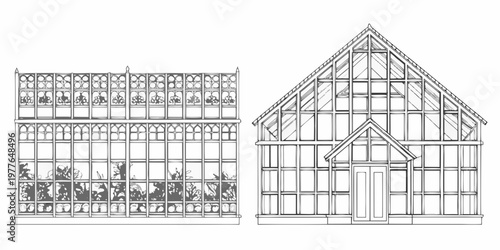 Detailed line drawing of two vintage glasshouse or greenhouse structures