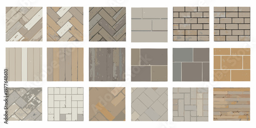 Assorted brick and stone patterns displayed in a grid arrangement
