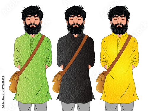 Bengali Man in Traditional Kurta with Side Bag Kolkata West Bengal Character Vector Illustration