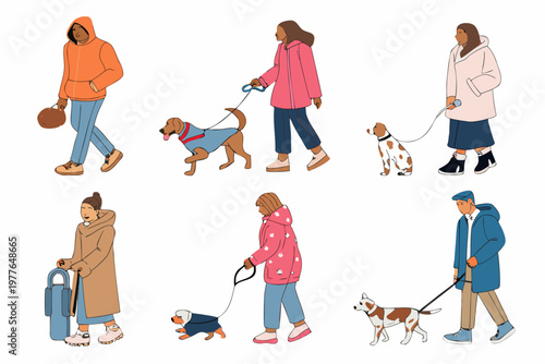 Diverse people walking their dogs in a minimalist illustrated style