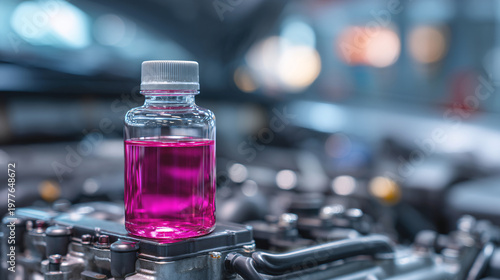 Pink liquid in small bottle on laboratory microscope stage with blurred equipment background