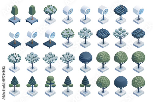 Isometric arrangement of security cameras disguised as trees and bushes